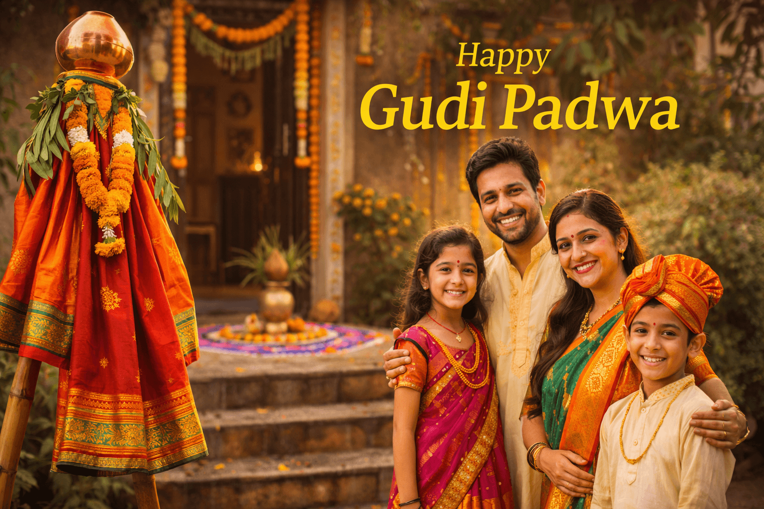 Gudi Padwa 2026 celebration in Maharashtra with traditional Gudi